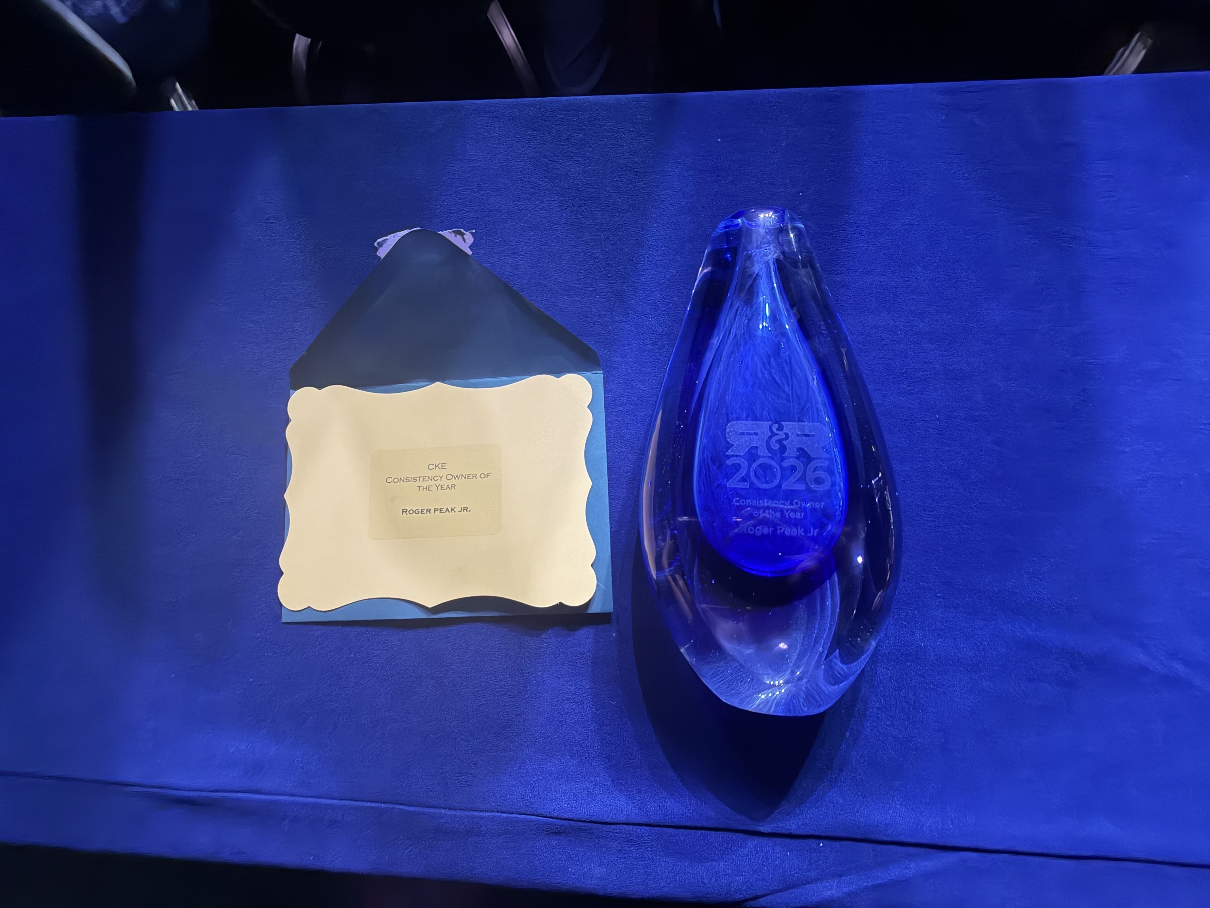 2026 CKE Consistency Owner of the Year crystal trophy awarded to Roger Peak Jr.